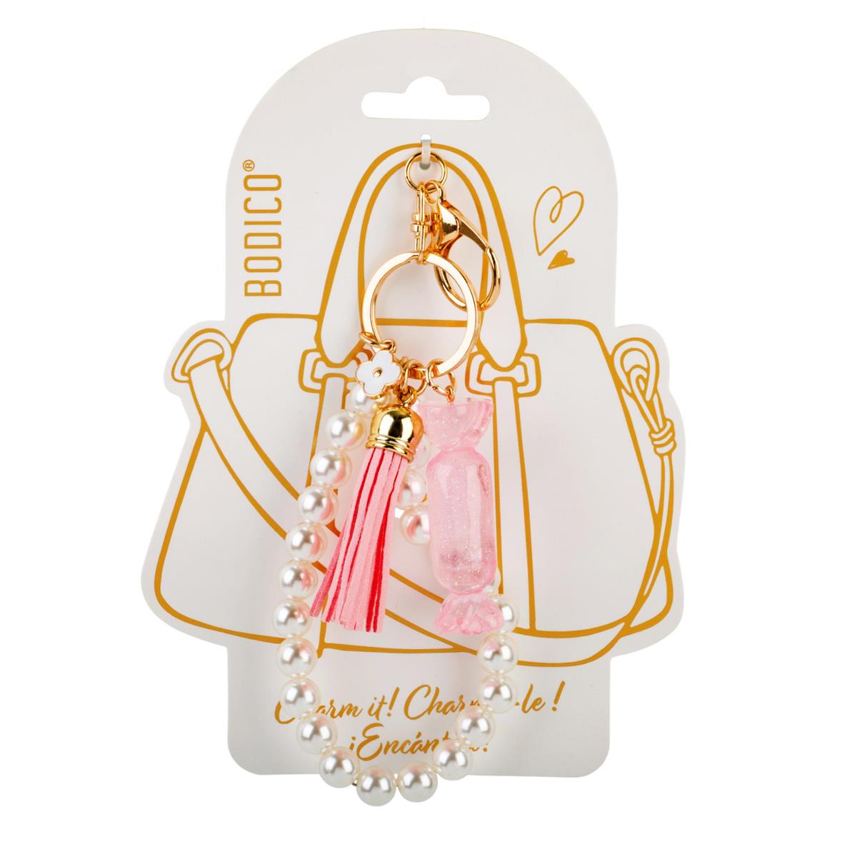 Bodico, Pearl Bag Charm w Enamel Flower and Tassel, hc