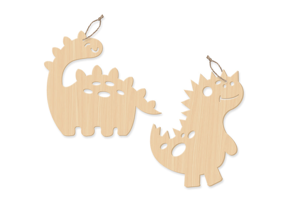 Wood Craft: Wood Ornaments x2 Asst Laser-Punch w/Jute Cord Hanger A) Dinosaur