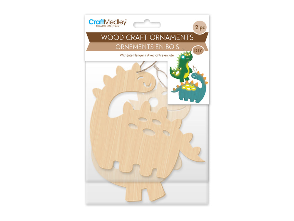 Wood Craft: Wood Ornaments x2 Asst Laser-Punch w/Jute Cord Hanger A) Dinosaur