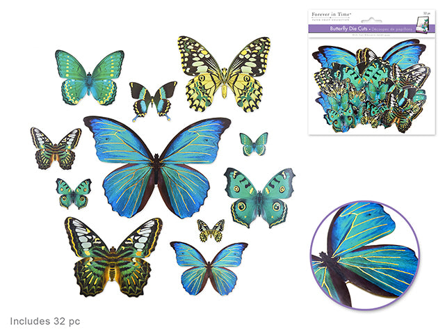 Paper Craft Embellishment: Butterfly Die Cuts w/Foil Accents x33 C) Blue