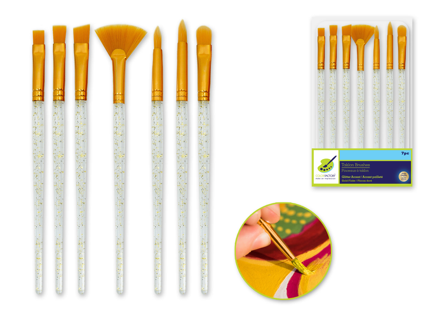 Artist Brush Set: Taklon Glitter Accent Series x7 Clear PS Handle A) Gold Flake Versatile 1