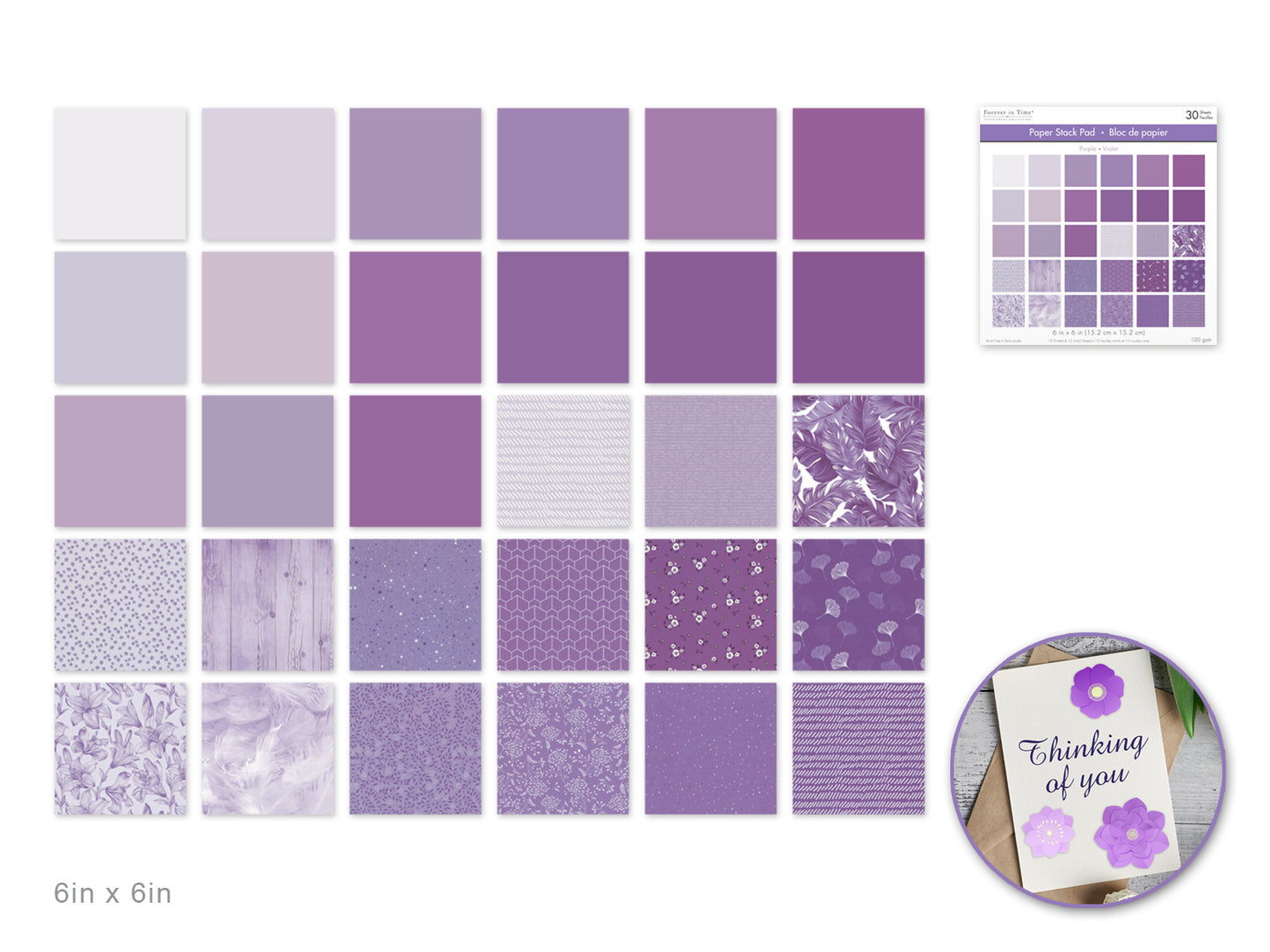 Paper Pad: 6"x6" Color Theme Stack Pad x30 (30 Designs) 100GSM A) Purple