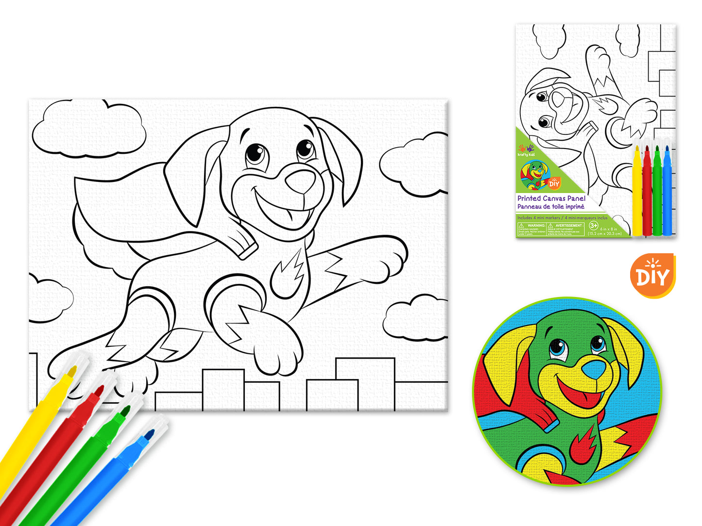 Krafty Kids Kit: 6"x8" DIY Canvas Panel w/4 Mini Markers G) Super Dog