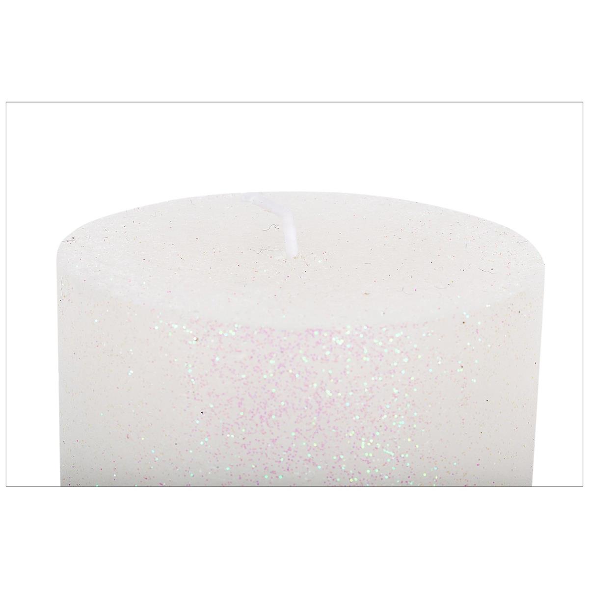 Enlighten 2.95"x5.95" Metallic Wht. Pillar Candle w/Glitter, label