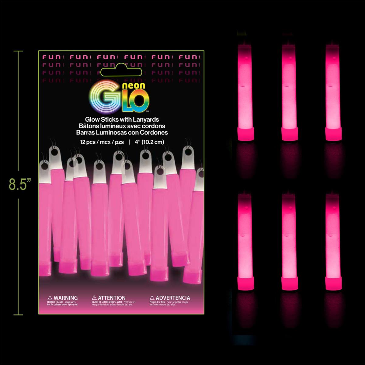 Neon Glo, Pink, 12 packs 4" Glow Sticks with Lanyards, Foil Pack