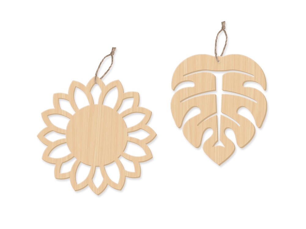 Wood Craft: Wood Ornaments x2 Asst Laser-Punch w/Jute Cord Hanger B) Floral