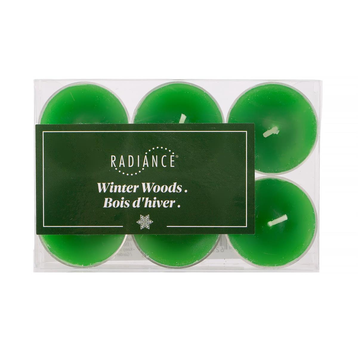 Radiance 6pk Scented Tealights, Winter Woods, Clear Cup, PVC Box