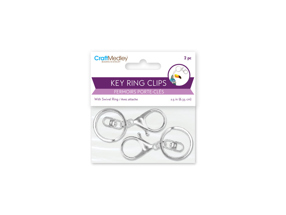 Jewelry Findings: 2.5" Key Ring Clip x2 w/Swivel Ring B) Silver