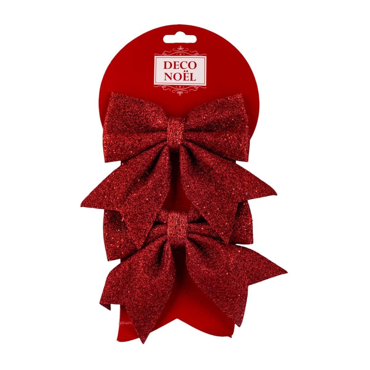 DECO.N 2pk 5X5" Glittery  Red Fabric Bow, T.O.C.