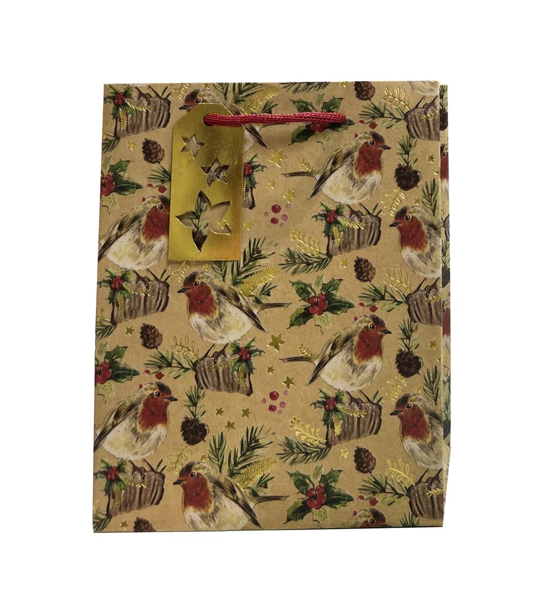 Paper T. Xmas DLX Gift Bag, Birds, Medium, 7"x9"x4", 210gsm