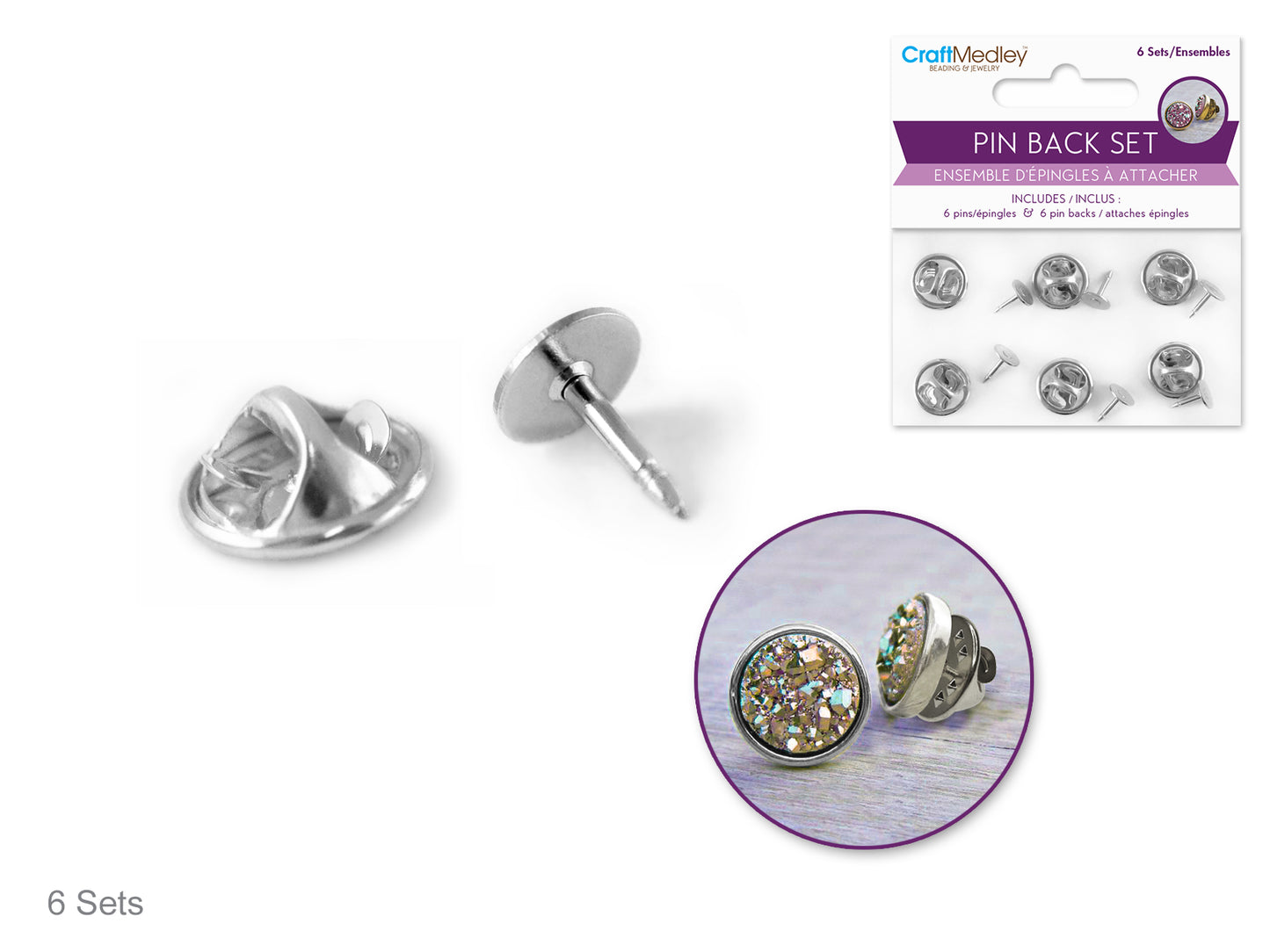 Jewelry Findings: Pin Back/Pin Set 6Sets/Pk B) Silver