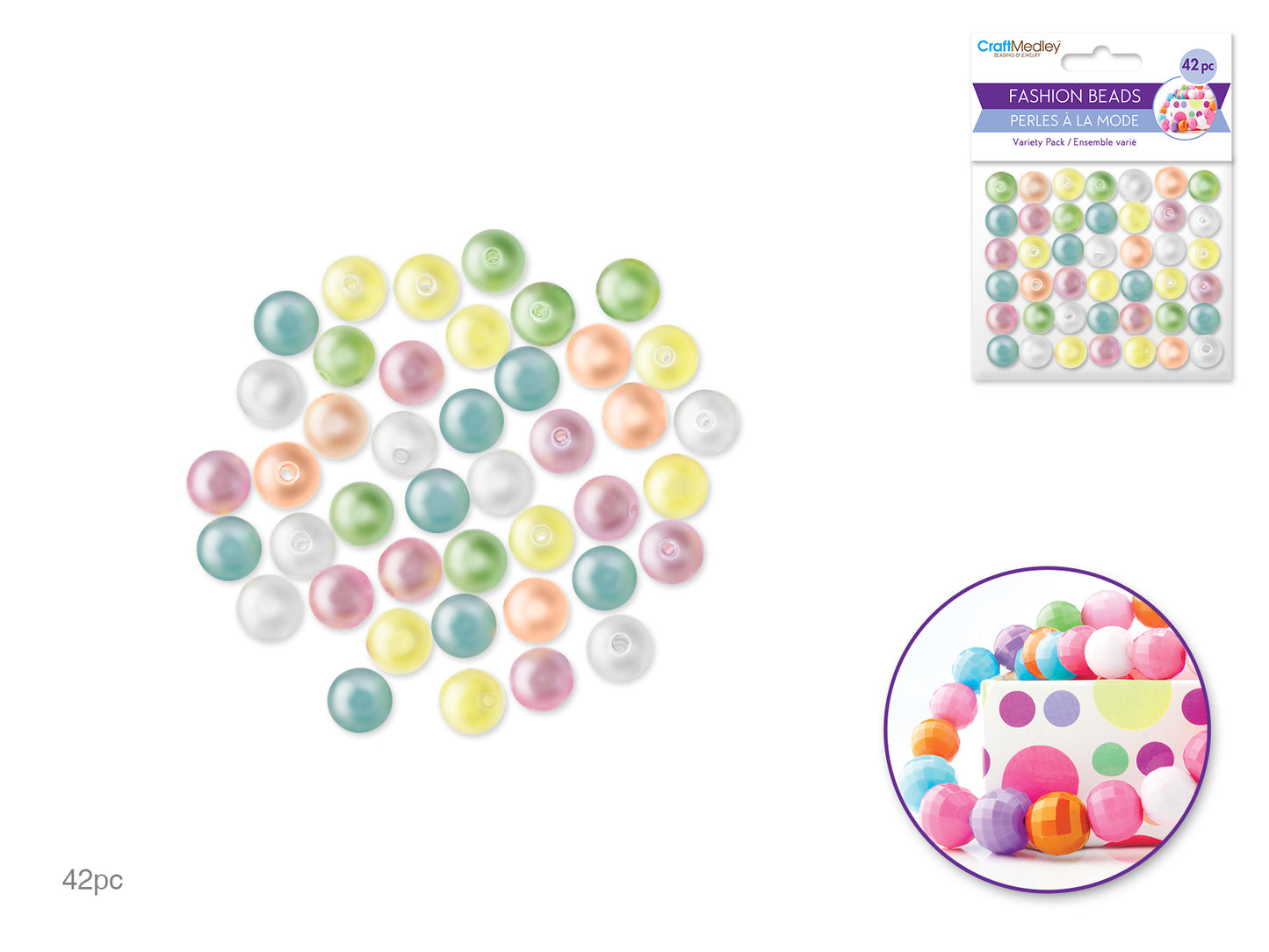 Plastic Fashion Beads: 42-45pc Multi-Packs B) Glossy Pearl