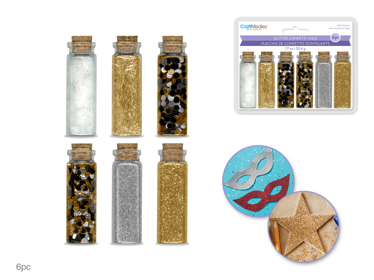 Craft Medley: 50.4g Glitter/Confetti Vials Asst w/Cork Lid (6x8.4g) B) Metallique