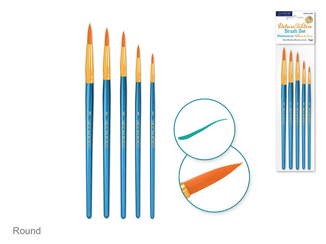 Artist Brush Set: Deluxe Taklon Brush Sets x5 Wood Handle A) Round