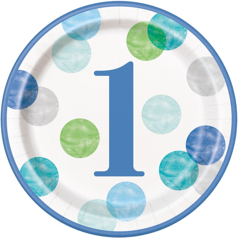 Blue Dots 1st Birthday Round 9" Dinner Plates  8ct
