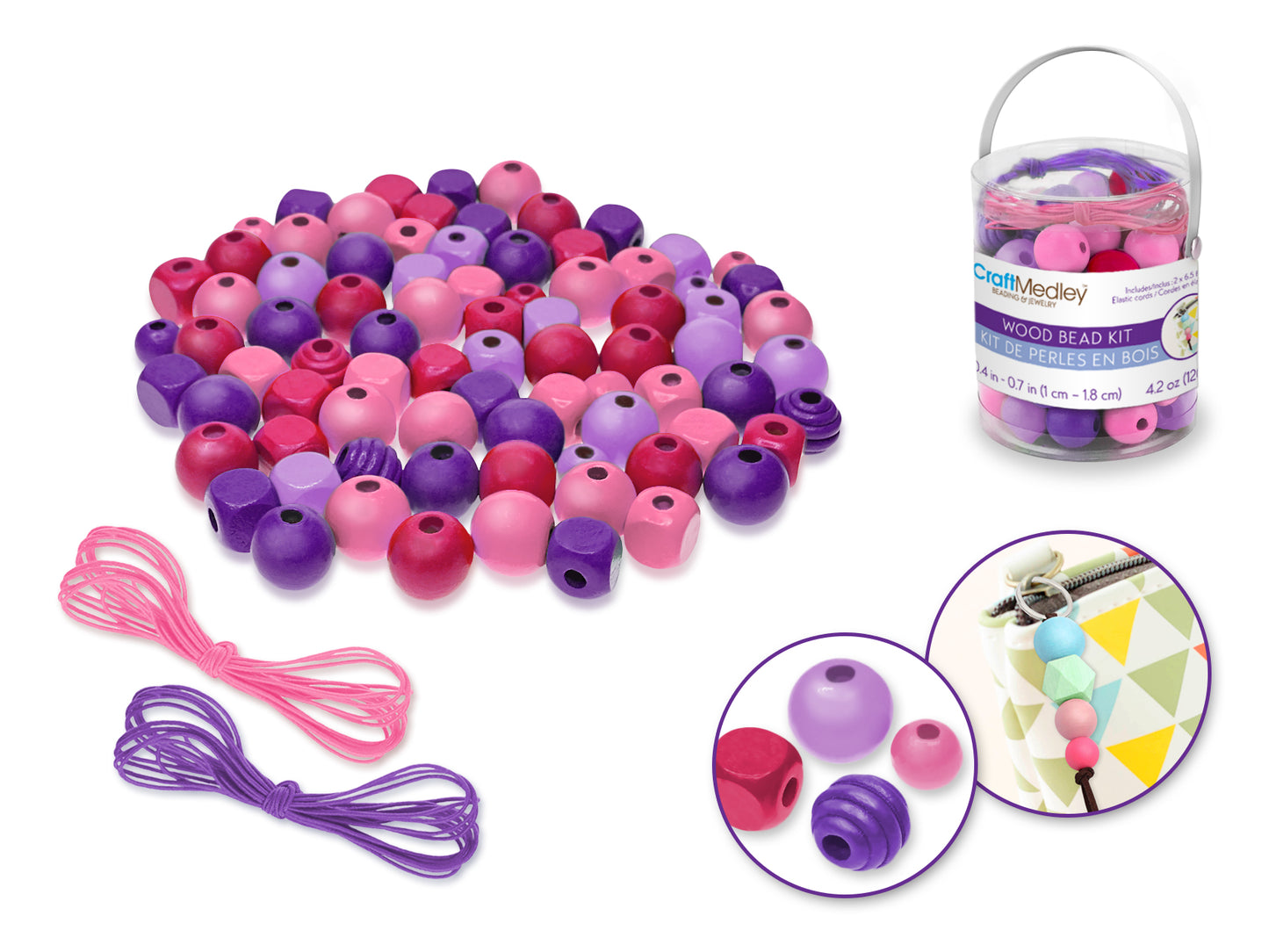 Wooden Bead Kit: 120g 4-Col x 4-Size in PVC Canister w/2x2m Elastic Cord B) Viola Mix