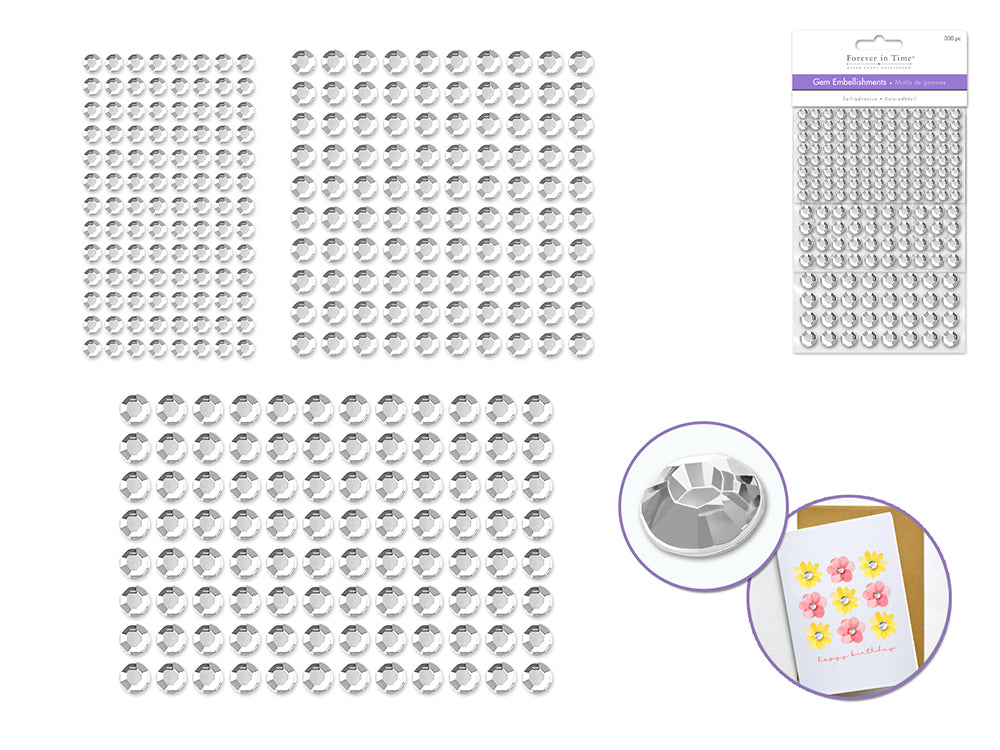 Paper Craft Emb: 6/8/10mm Gems x300 Peel-n-Stick C) Crystal