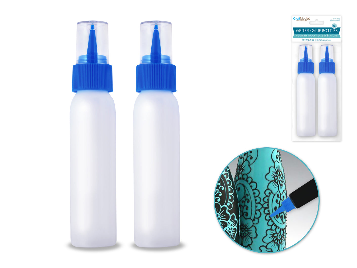 Plastic Bottles: 2oz (55ml) Writer/Glue Bottle x2 Reusable