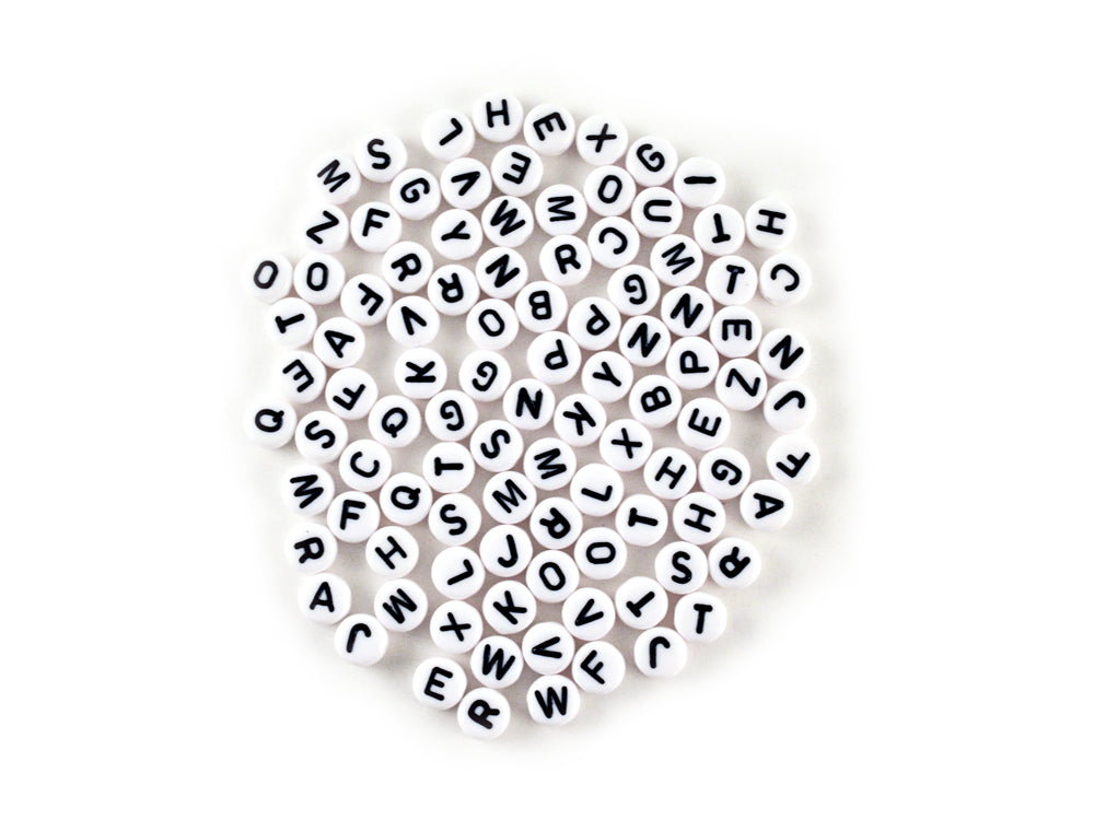 Alphabet Beads: 7mm Round 90ct 4mm(T) D) White w/Black Letters