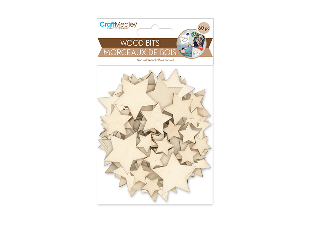 Craftwood: Wood Bits 60pc 1.7mm(T) Asst 3stl 4*4/3*3/2*2cm D) Stars
