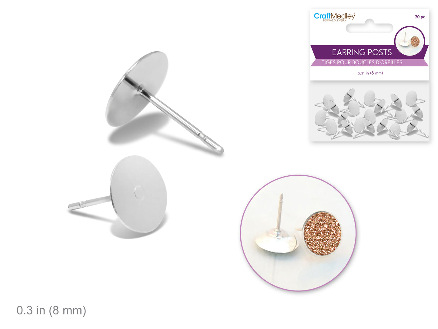 Jewelry Findings: 8mm Silver Earring Post x20 Flatback