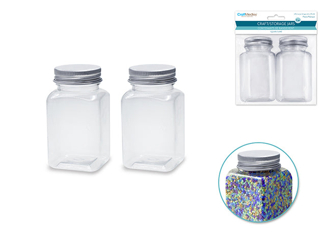 Craft Storage: 4.5x8cm (110ml) Plastic DIY Square Jar 2pc w/Alum Screw-Top