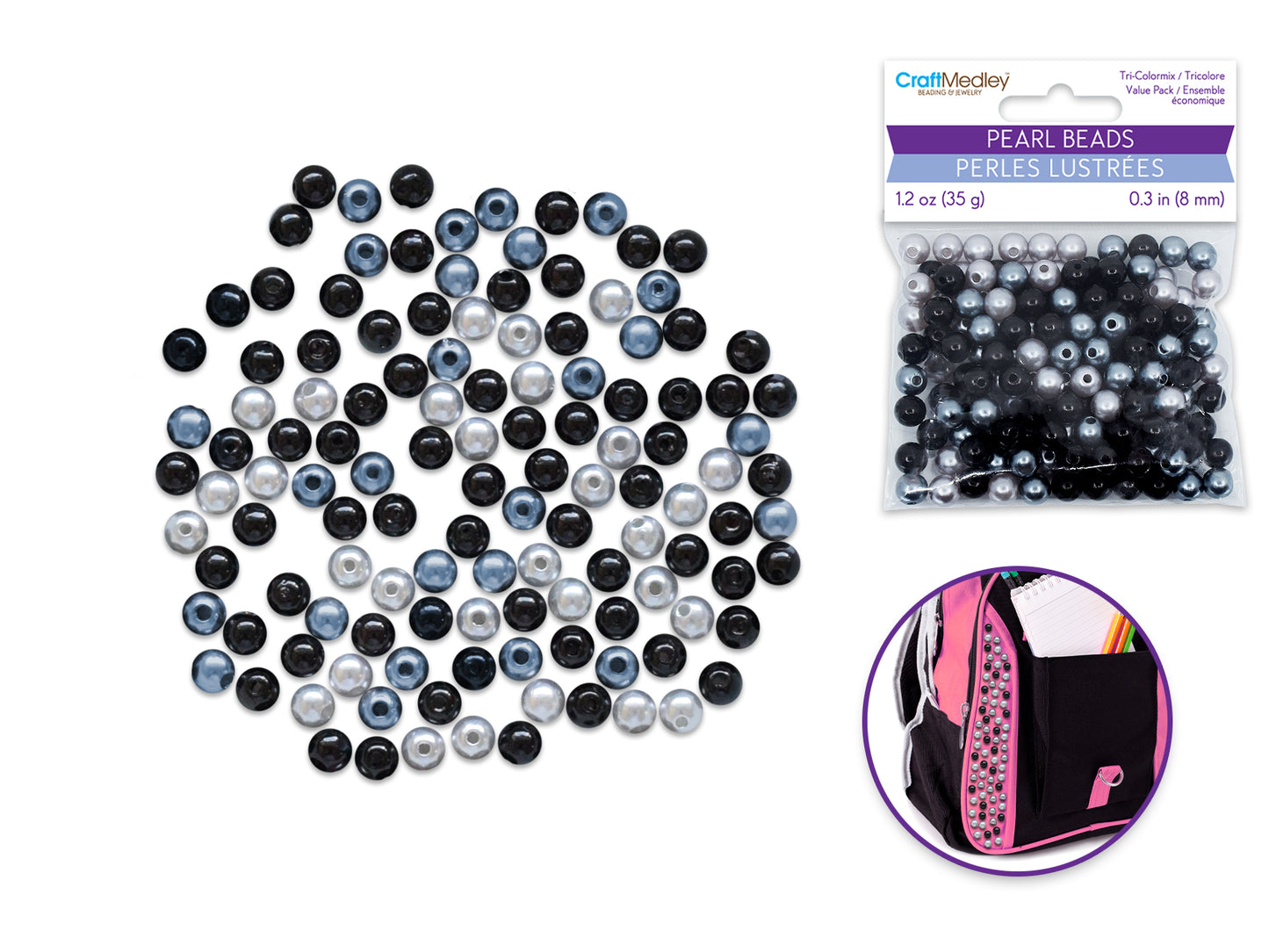 Pearl Beads: 8mm Gloss Tri-Colormix 35gms E) Black