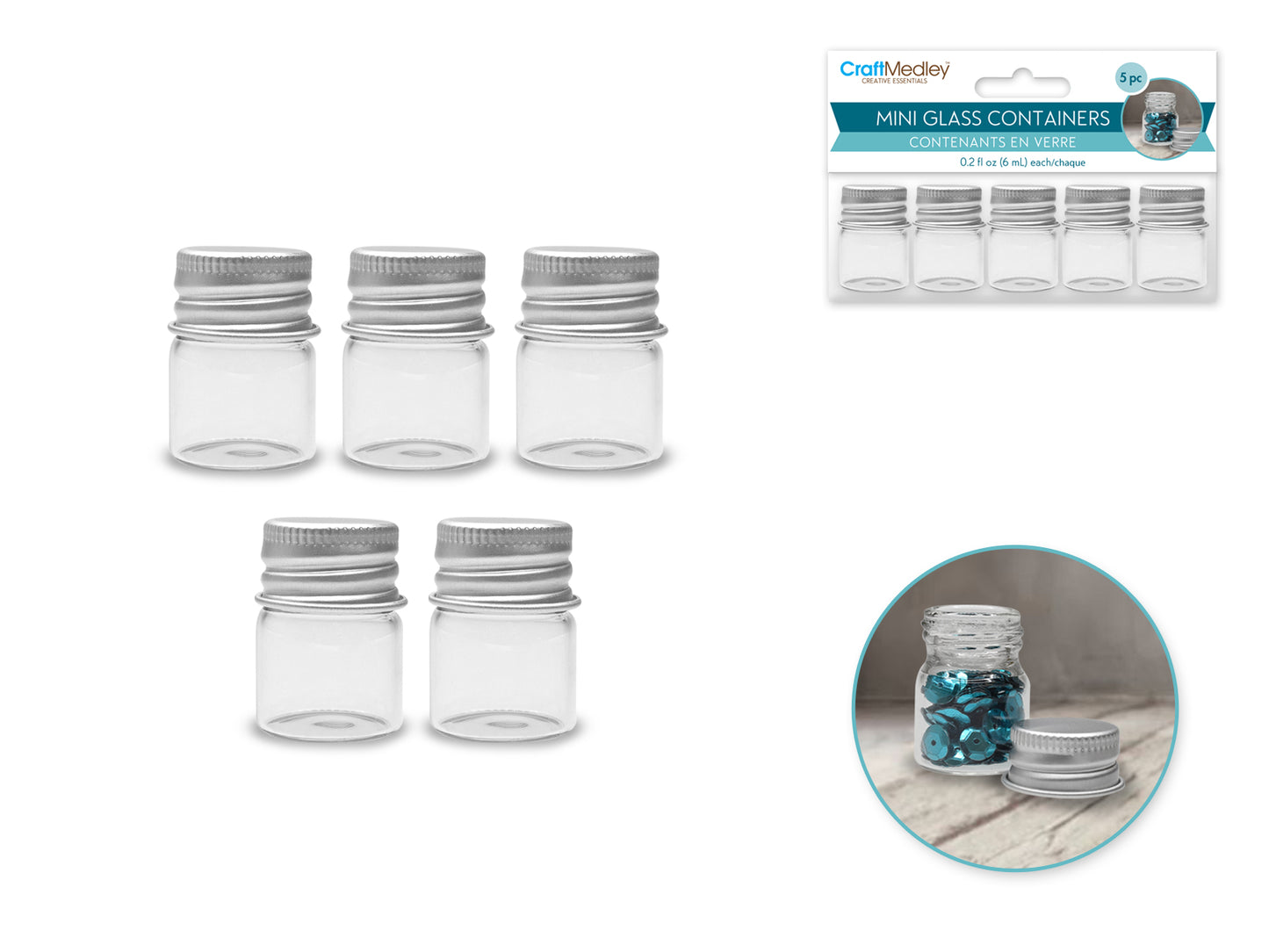 Glass Bottles: 22x30mm (6ml) Mini Containers w/Matte Aluminum Cap x5