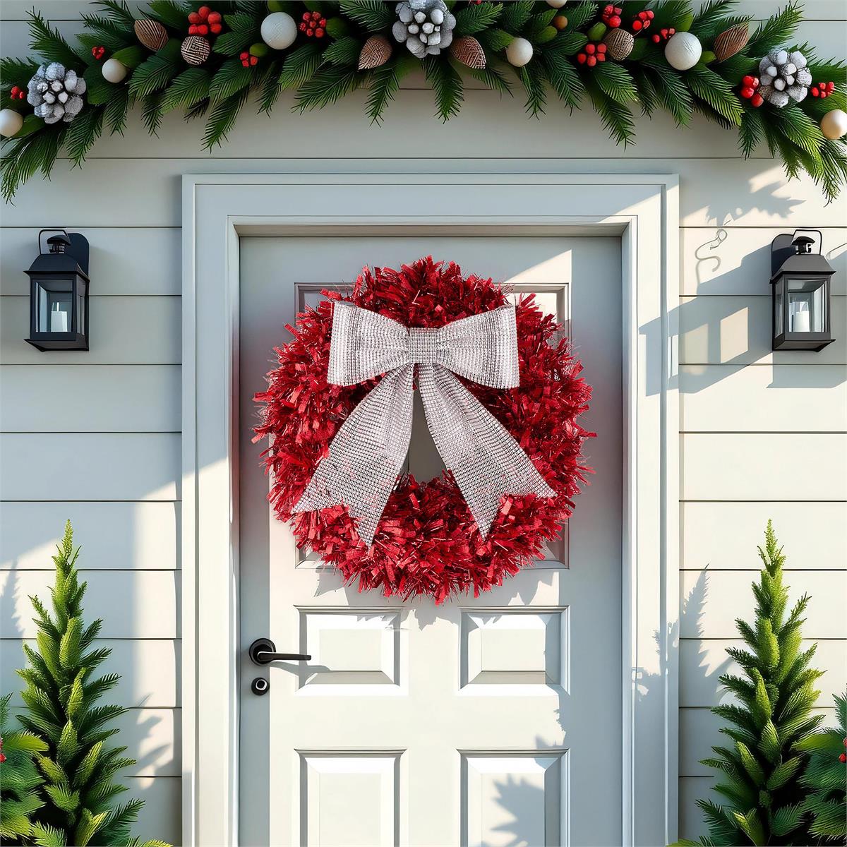 Deco N. 18" Tinsel Xmas Wreath w/Silver Bow, cht