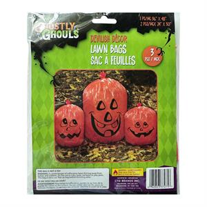 G.Ghouls Set/3 Pumpkin Lawn Bags, w/twist ties, 2 sizes, insert
