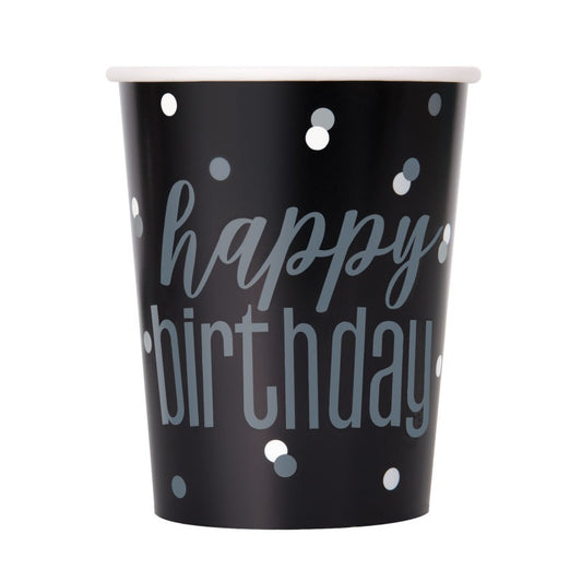 Glitz Black & Silver Dots "Happy Birthday" 9oz Paper Cups  8ct