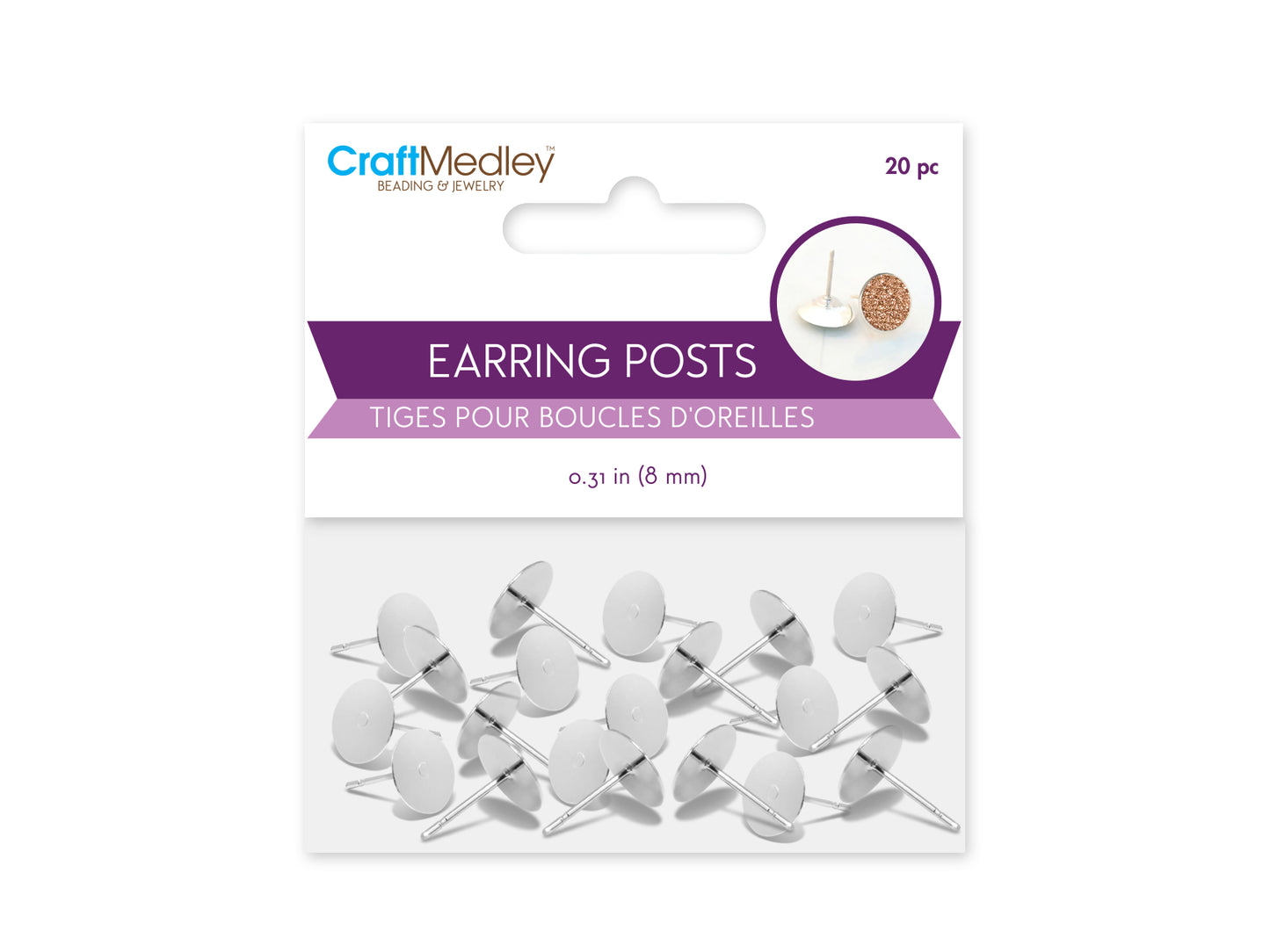 Jewelry Findings: 8mm Silver Earring Post x20 Flatback