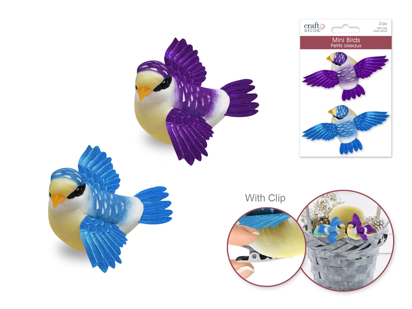 Craft Decor: 2.1"x3.8" Mini Flying Bird x2 w/Gator Clip B) Violet/Blue