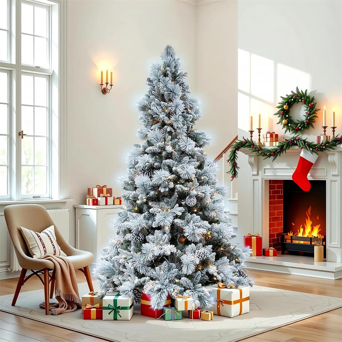 Deco N. 7.5ft 1148 tips 400 LED Flocked Xmas Tree, ETL, box