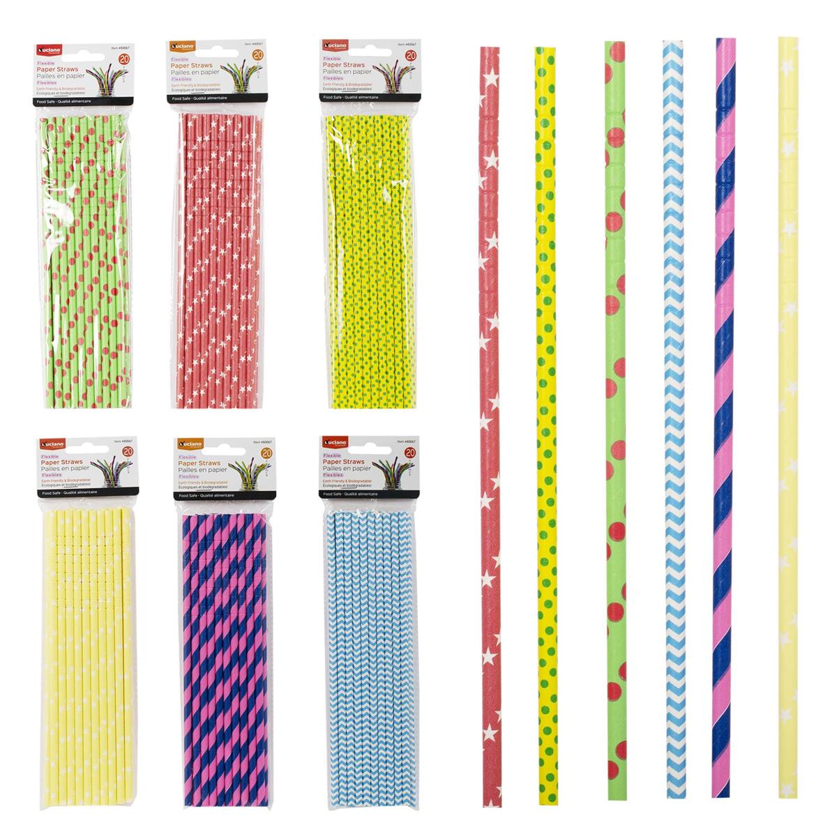 Luciano 20-pc Flexible Paper Straws 23cm L, 6 styles, pbh