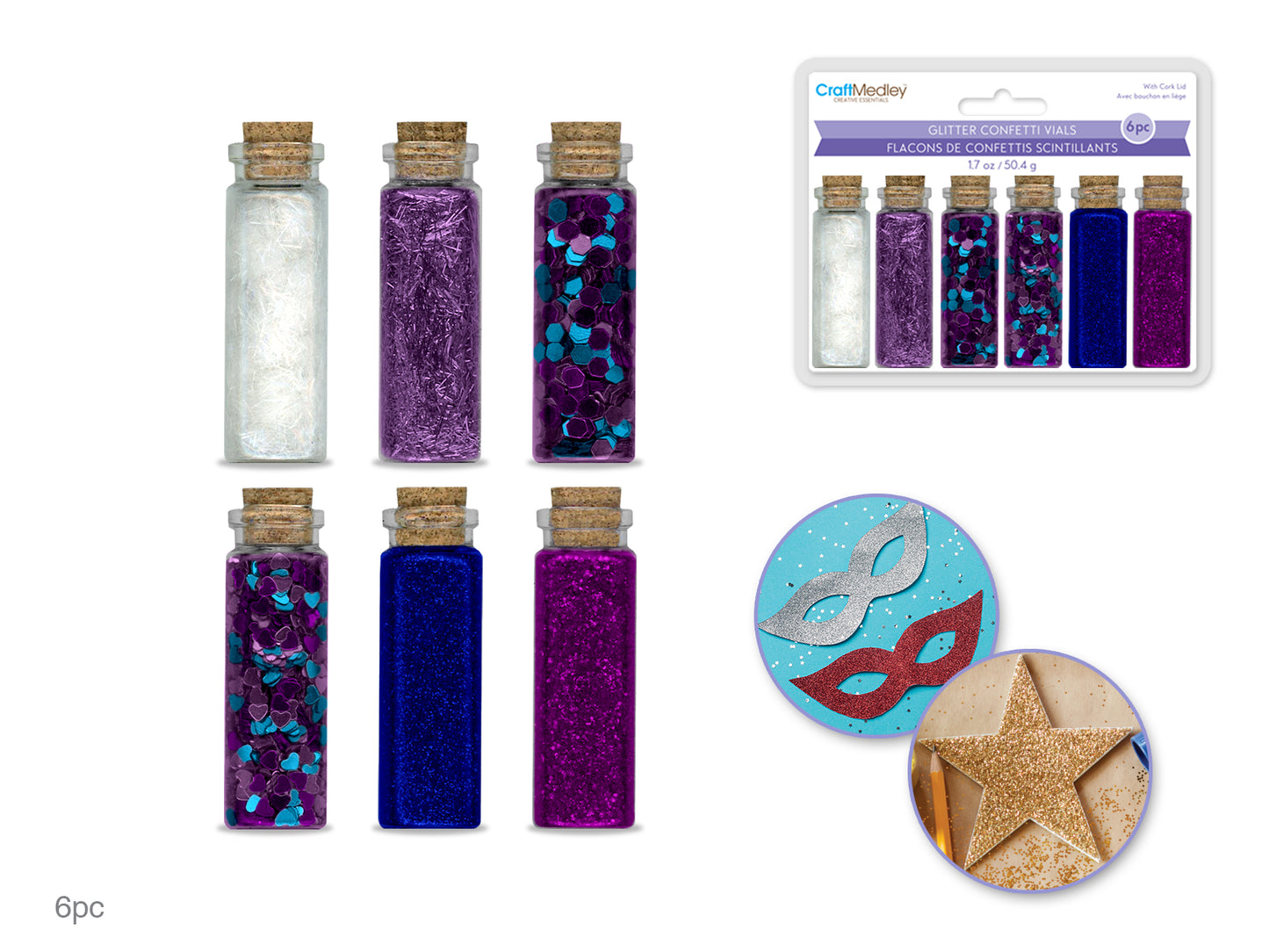 Craft Medley: 50.4g Glitter/Confetti Vials Asst w/Cork Lid (6x8.4g) A) Regal