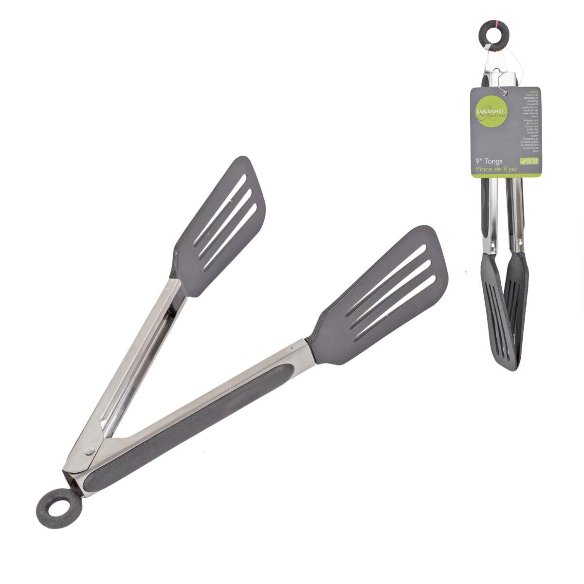 L.Gourmet 9" S/S Flat Tongs w/ Nylon Head, tag (CS)