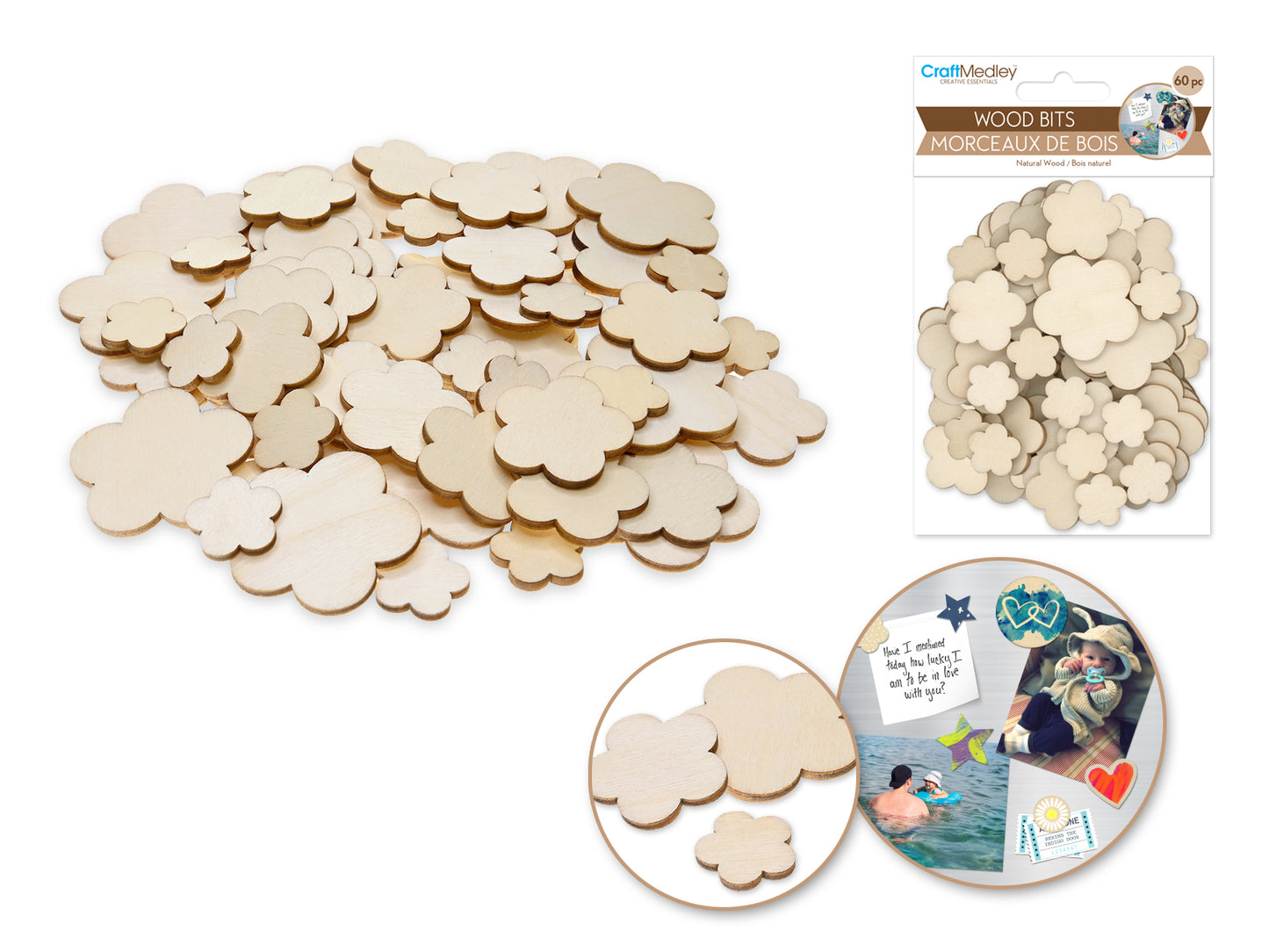 Craftwood: Wood Bits 60pc 1.7mm(T) Asst 3stl 4*4/3*3/2*2cm C) Flowers
