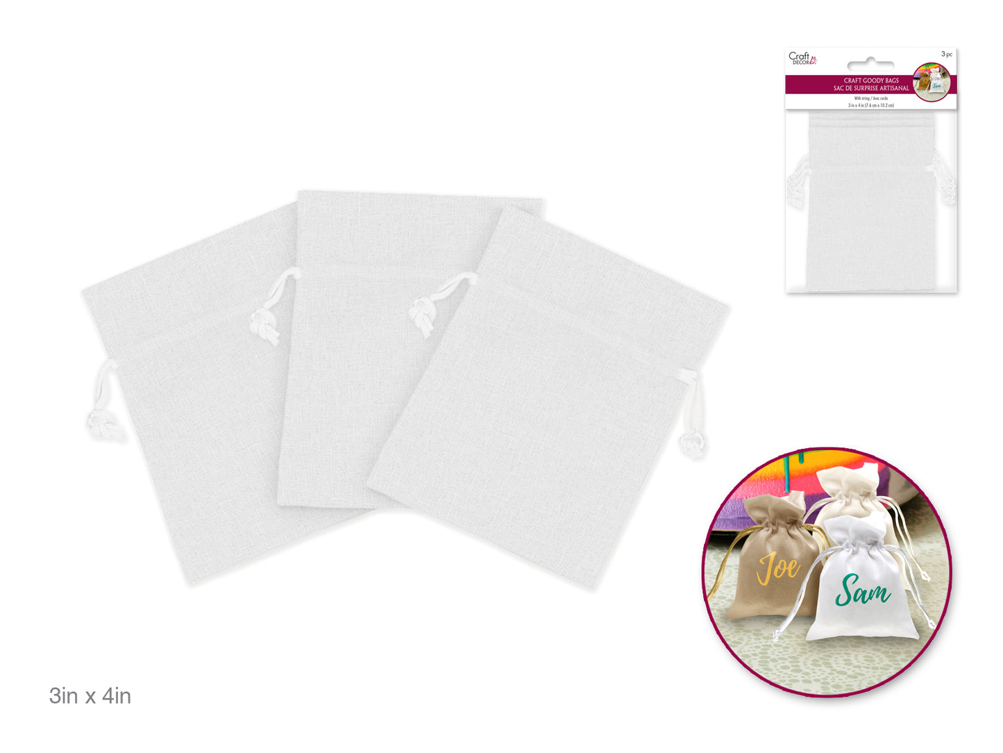 Craft Decor: 3"x4" Craft Goody Bags x3 Poly-Weave w/Rib String C) White