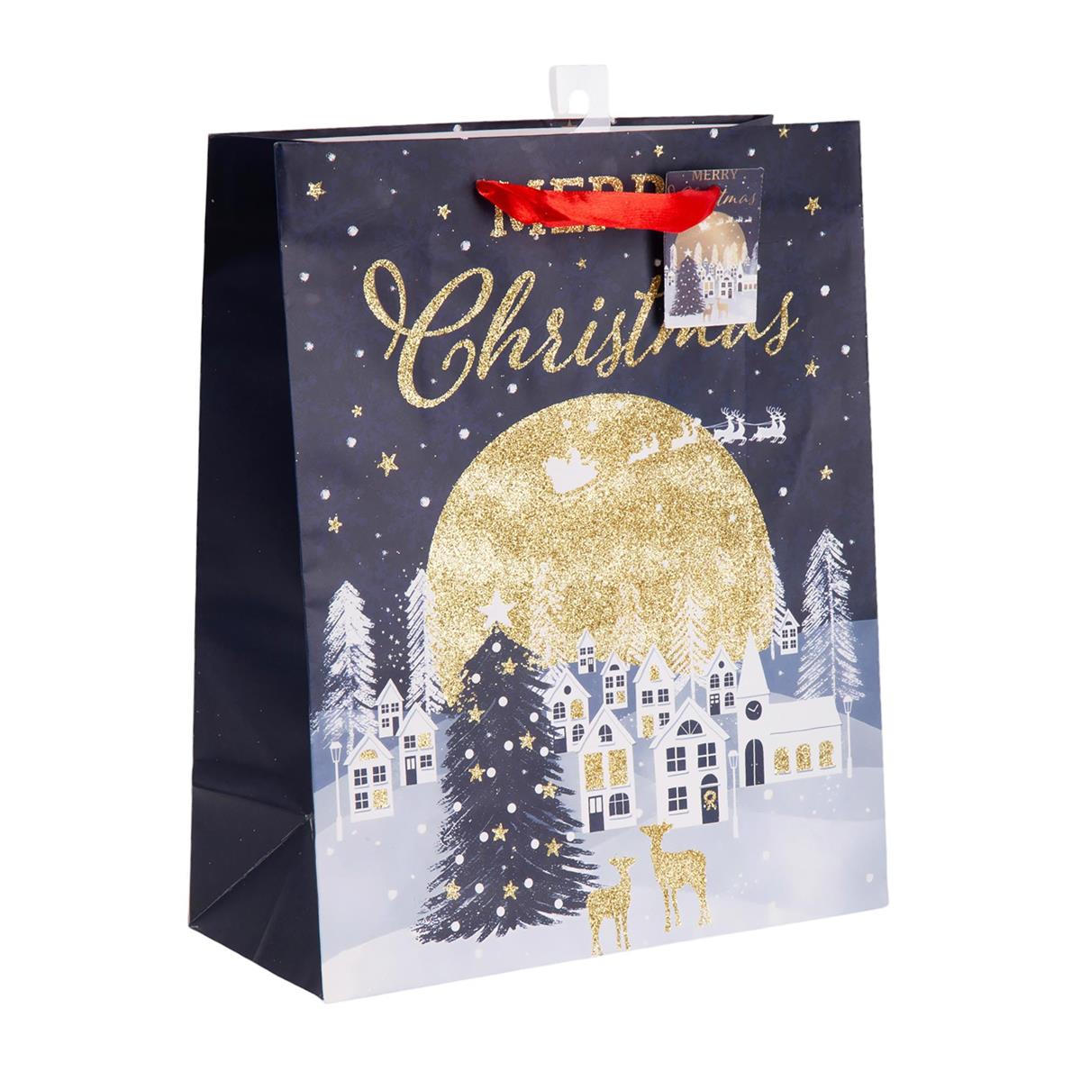 Paper T. Xmas Gift Bag, Large, Matte+Glitter, j-hook + tag, 210gsm