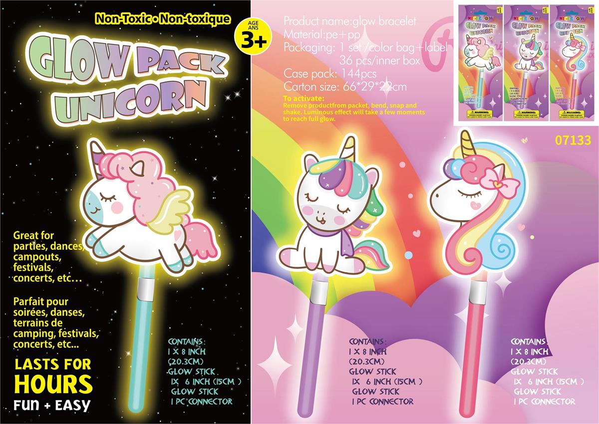Neon Glow Unicorn Wand, 3 Asst.