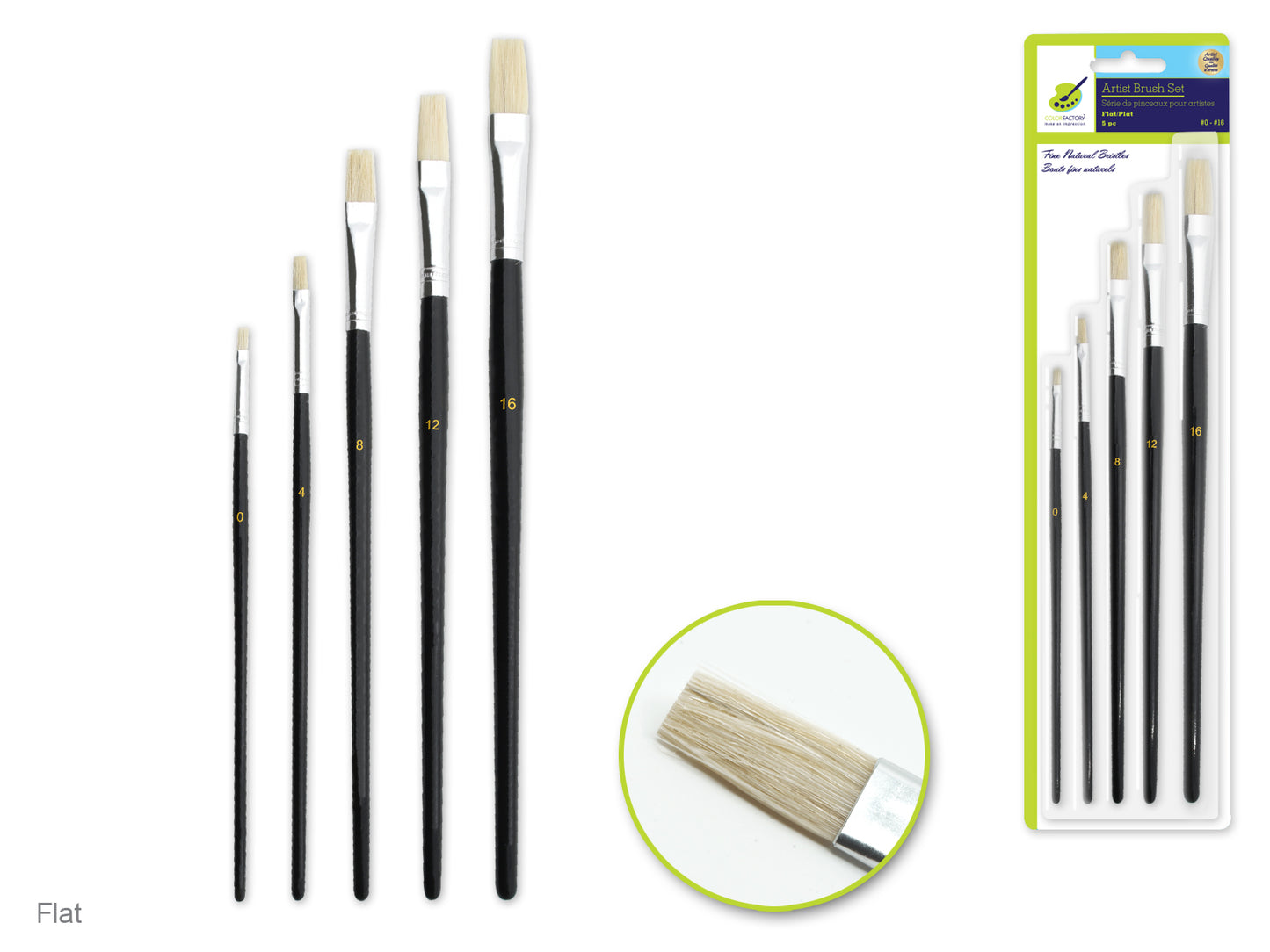 Artist Brush Set: #0-#16 Fine Bristle x5 Wood Handle A) Flats