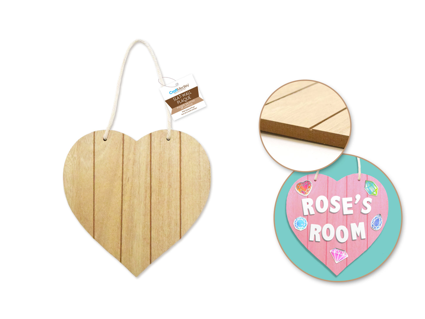 Wood Decor: 7.75" DIY Slat-Wall Hanger Plaques w/Nautical Rope B) Heart