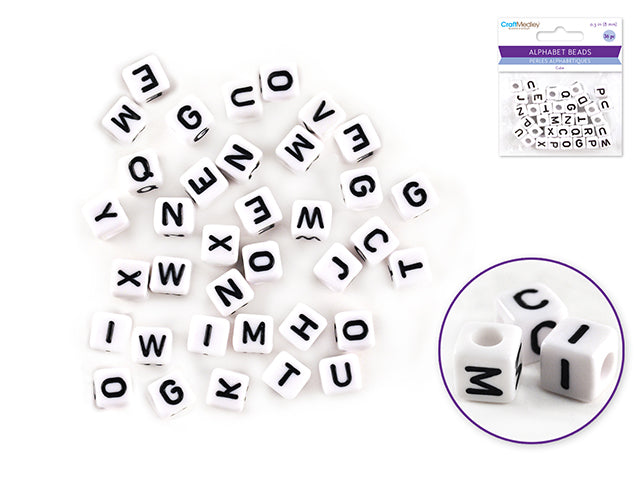 Alphabet Beads: 8mm Cube 36ct A) White w/Black Letters