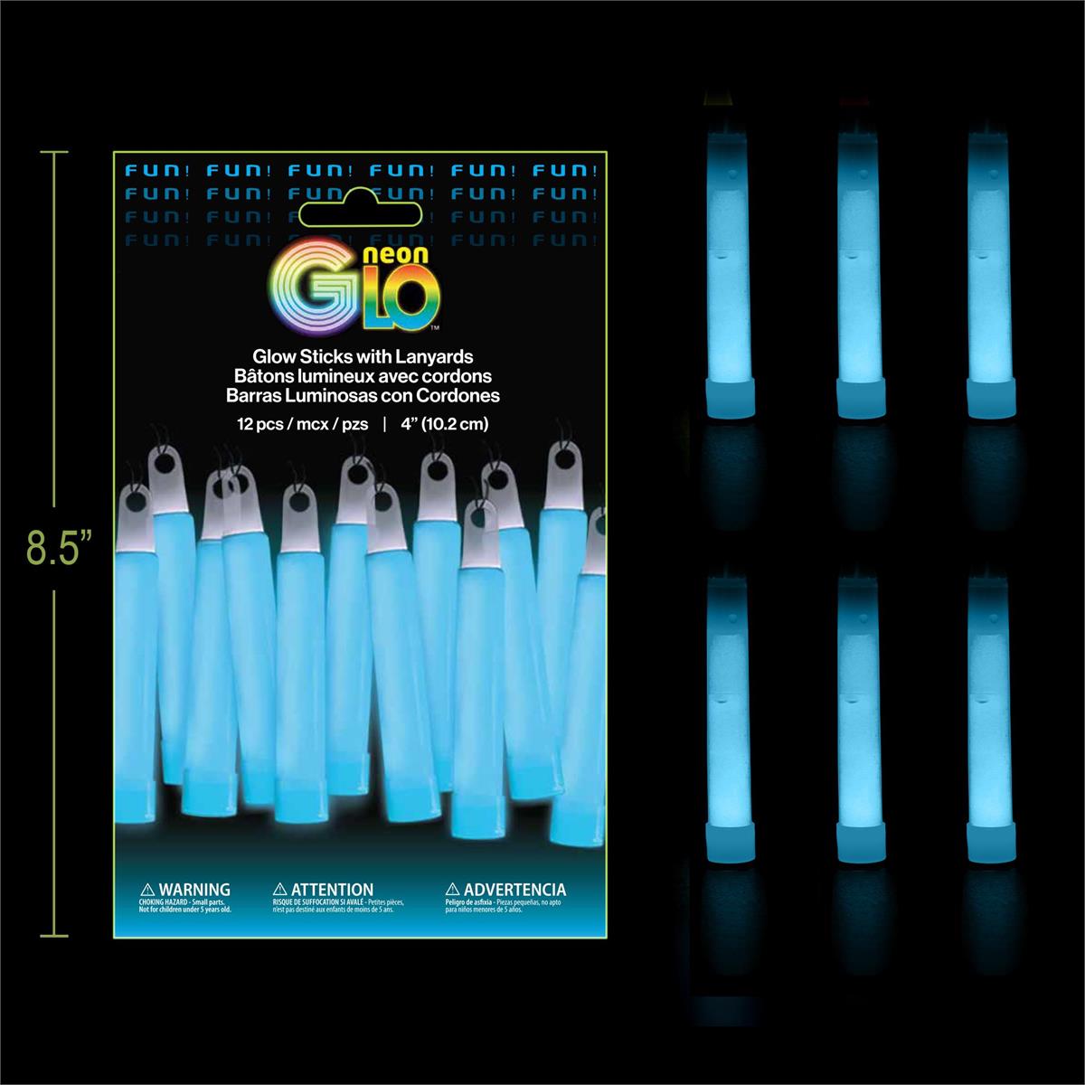 Neon Glo, Blue, 12 packs 4" Glow Sticks with Lanyards, Foil Pack
