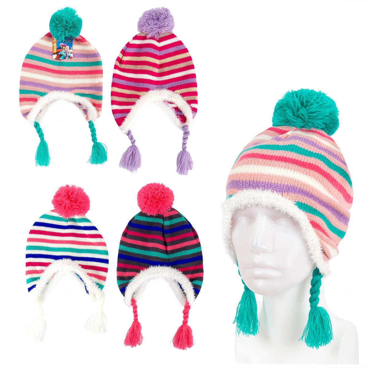 Nordic T. Kids Knitted Earflap Hat w/Pom Pom, 4/C, j-hook w/cht