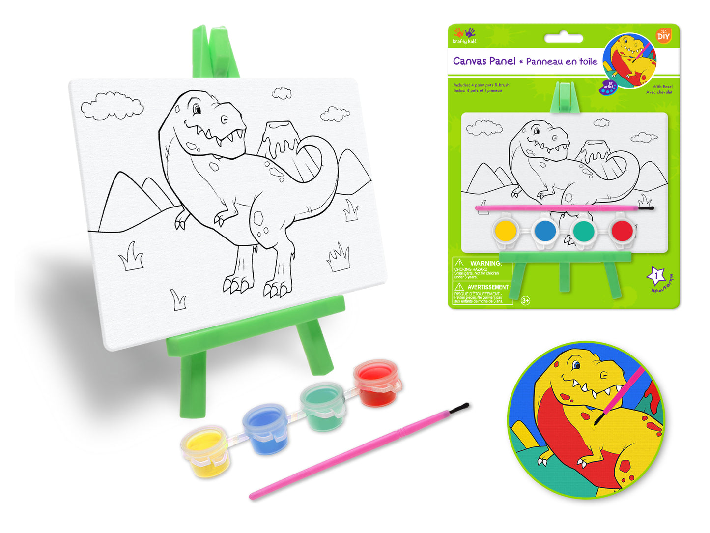 Krafty Kids Kit: 3.9"x5.9" DIY Canvas Panel on Easel w/4 Paint Pots+Brush D) Dino