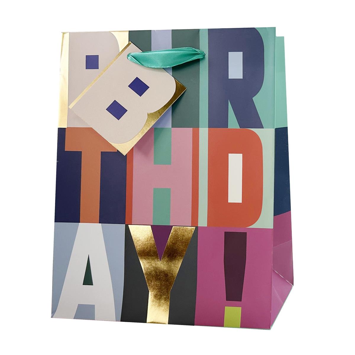 Paper T. Gift Bag, Medium, Bday Blocks, Matte/HS, 157GSM, tag+j-hook