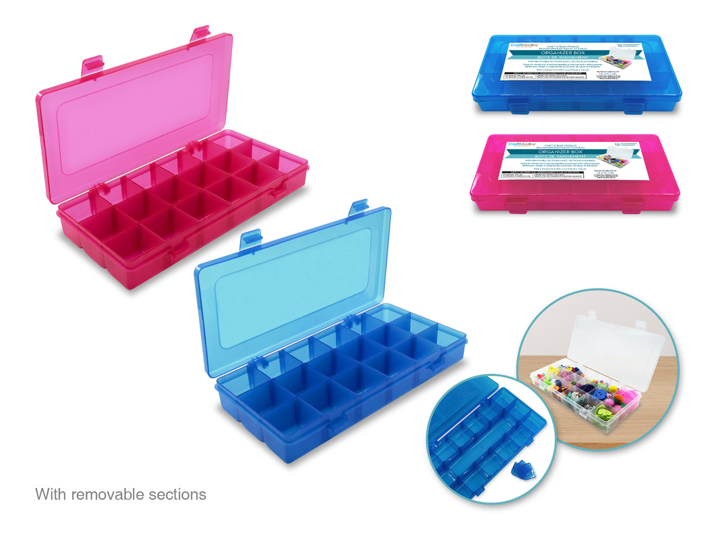 Craft Storage: 9.1"x4.4"x1.3" Organizer Box 18-Comp w/Lid A) Blue + Pink
