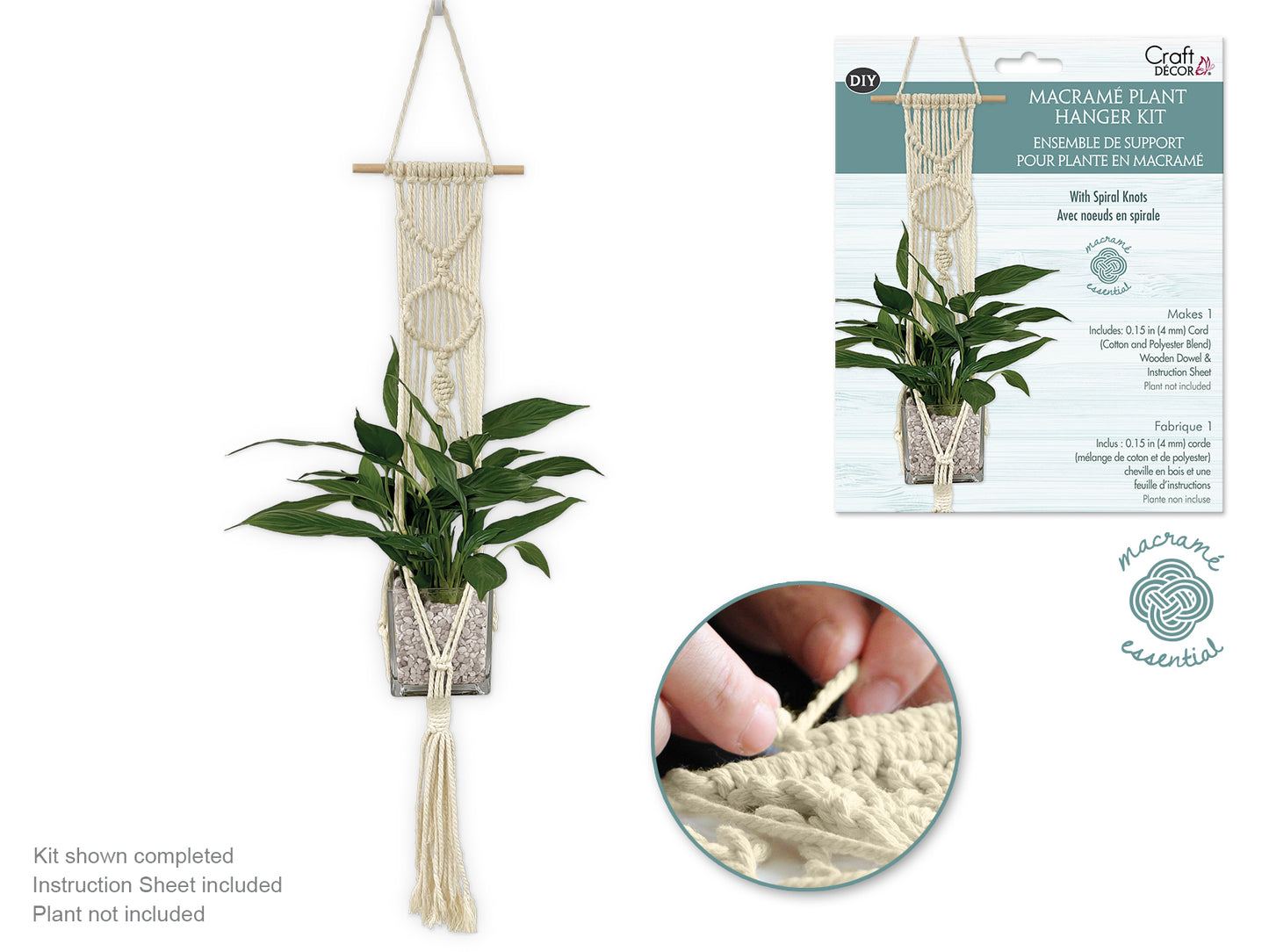 Craft Decor: DIY Macramé Planter Hanger Kit w/Wood Dowel A) Ecru